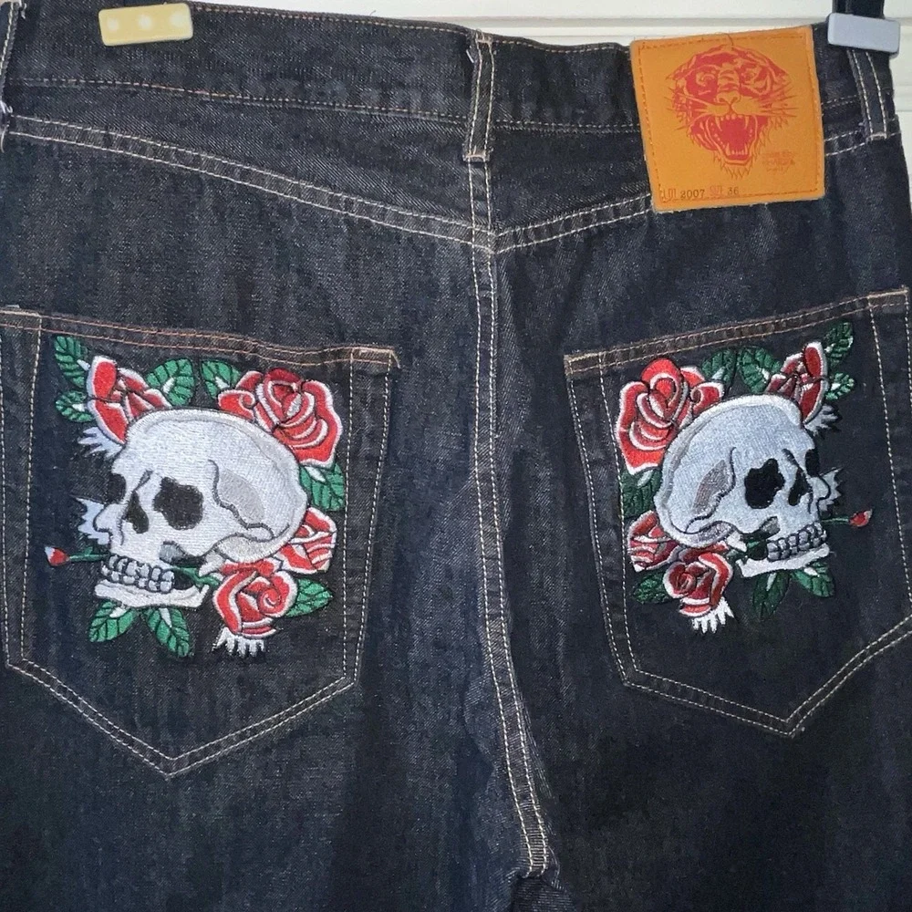 Vintage Ed Hardy Raw Panther Jeans Skull Embroidered 2007 Y2K Streetwear 36 X 32